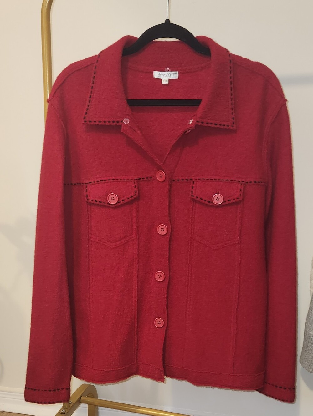 Red Button-Front Wool Blend Shirt Jacket